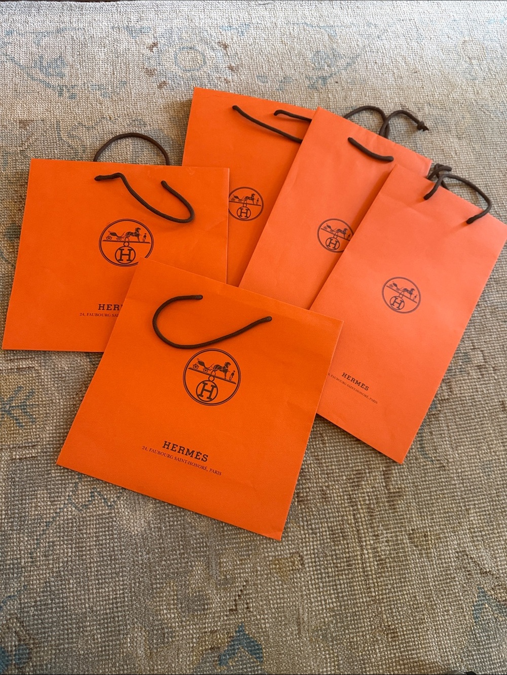 Hermes Bright Orange Paper Shopping Bags with Brown Rope Handles - Set